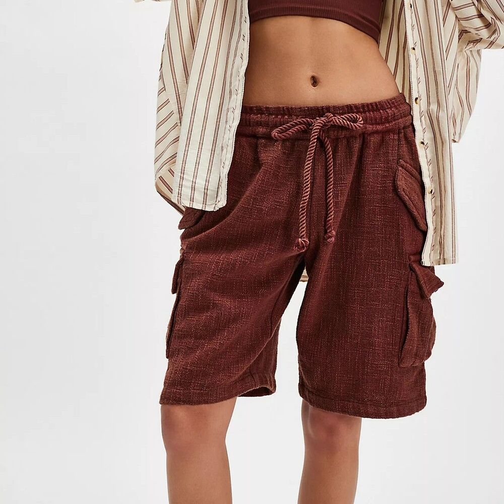 Free People Sea La Vie Cargo Shorts Textured Mid-Rise Pull-On Brown S 291532